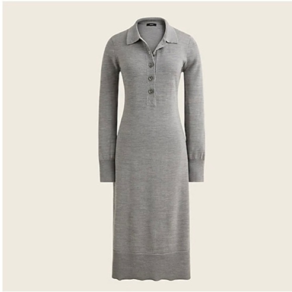 J‎ CREW Gray Collared Merino Wool Knit Midi Sweater Dress Preppy Classic Luxury